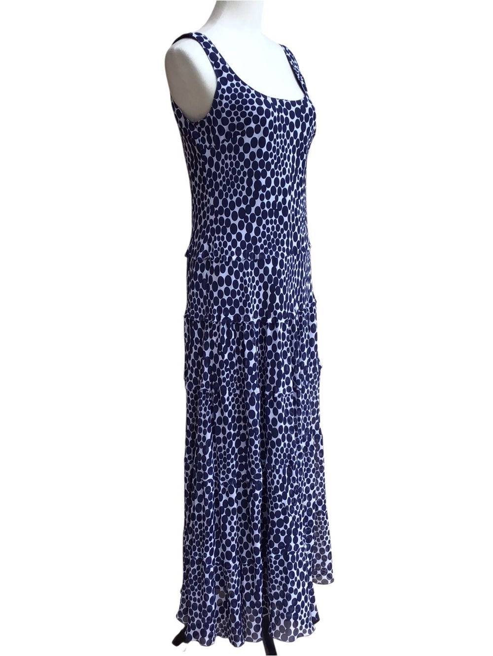 Kasper Blue White Geometric Pattern Tiered Sleeveless Maxi Dress Size 10 - Picture 5 of 8